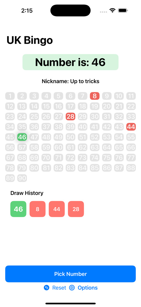 Bingo Number Generator app interface for UK 90-ball bingo showing number forty-six and draw history