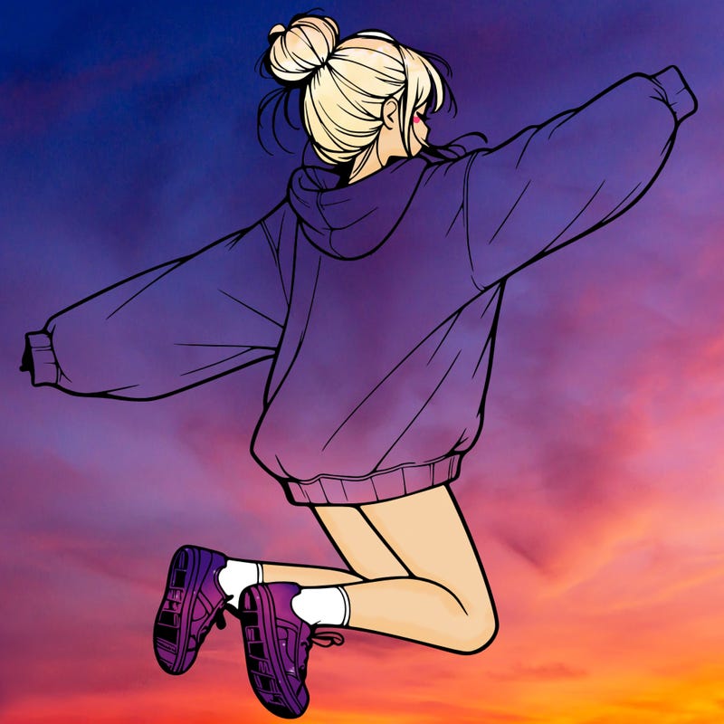 realistic girl jumping with a bun and oversized sweatshirt