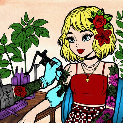 realistic girl giving herself  tattoo