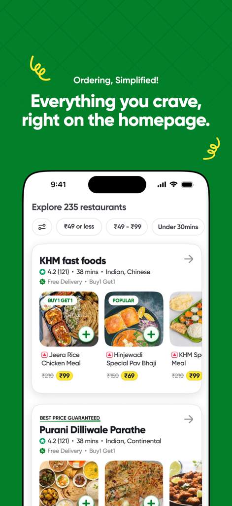 The home screen of the toing food delivery app showing affordable meal options and restaurant listings under 99 rupees.