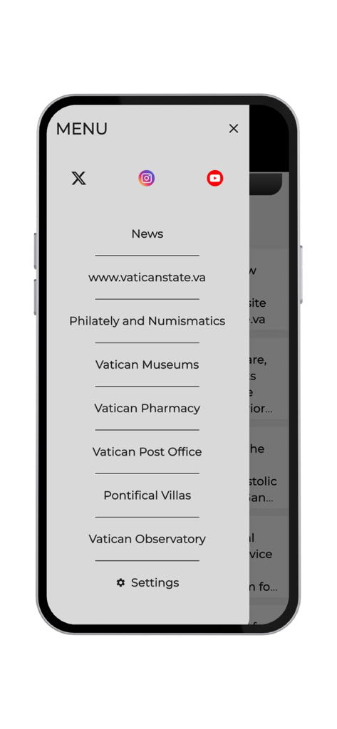 VaticanState - Menú principal de la aplicación VaticanState que muestra enlaces a noticias oficiales, museos y servicios.
