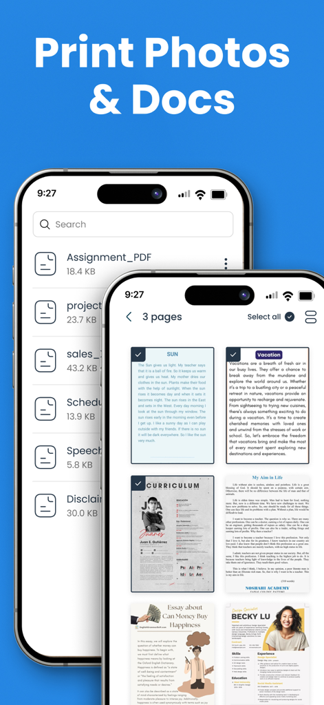 A smartphone screen displaying a list of PDF documents and a multi-page print preview of resumes and essays.