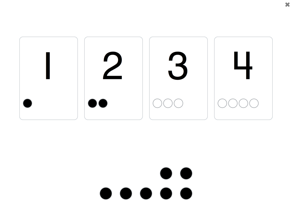 See and Learn First Counting - 数字1から4までのカードと、視覚的な数え方の練習のための対応するドットが表示された教育画面。