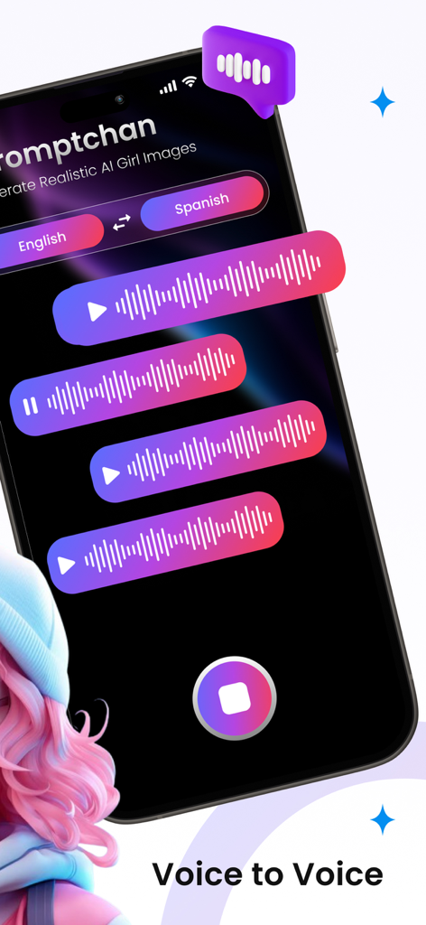 Promptchan ai - Mobile screen showing the Voice to Voice translation feature of the Promptchan AI app with audio waveforms
