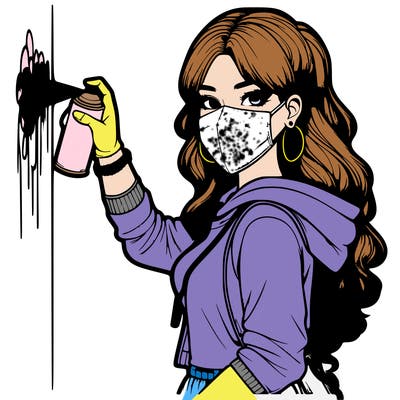 realistic girl with mask spray painting a wall