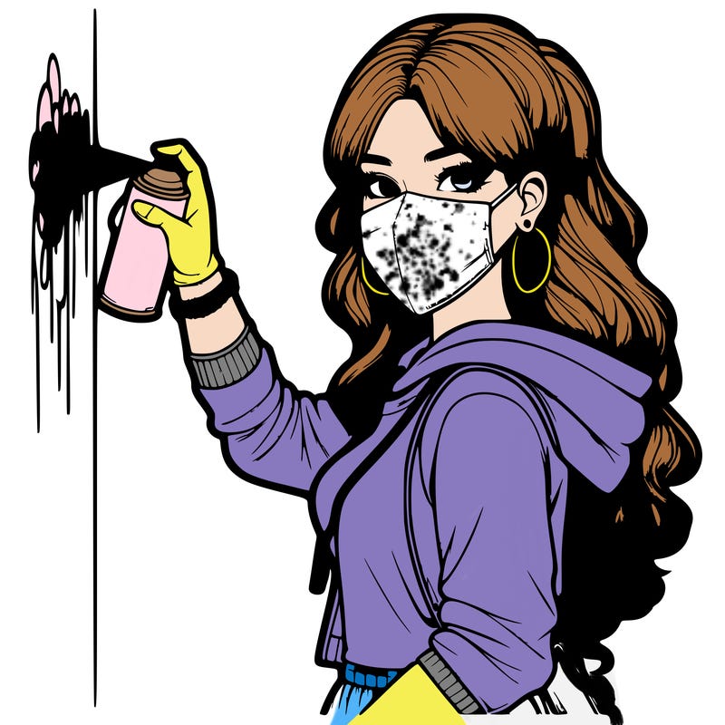 realistic girl with mask spray painting a wall