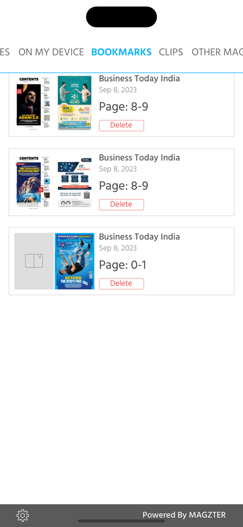 Business Today Magazine - Bookmarks section of the Business Today Magazine app showing saved articles and pages