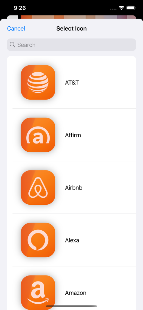 A list of popular app icons like AT&T and Airbnb with customized orange backgrounds in the icon selection menu.