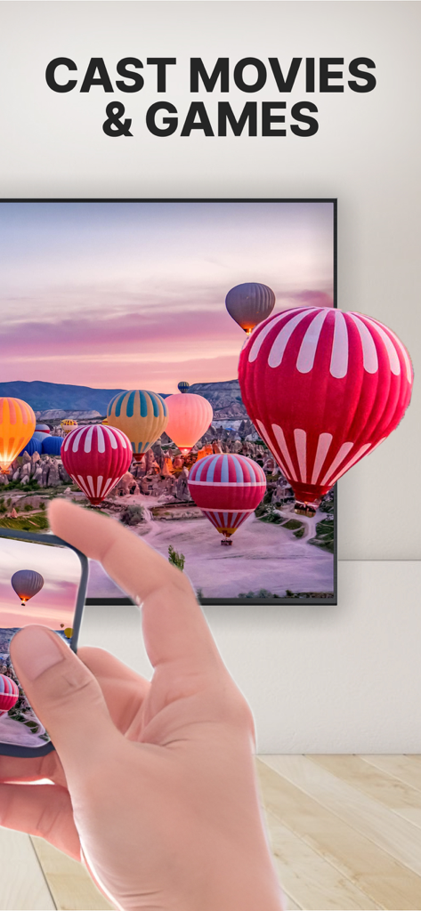 Tela de iPhone compartilhando filmes e jogos para uma tela de televisão exibindo balões de ar quente