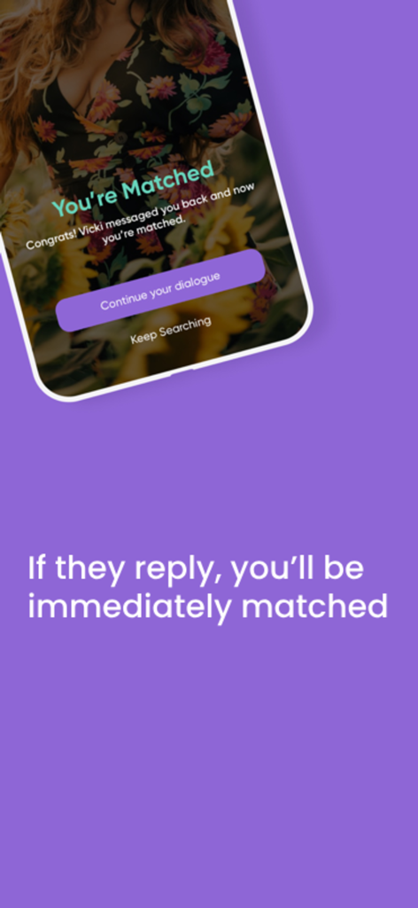 SUGAR - Dating with Sweetness - A phone screen showing a successful match notification on the SUGAR dating app with a button to continue the dialogue.