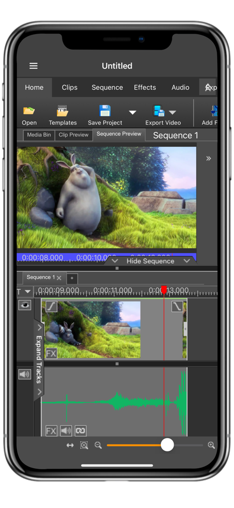 VideoPad mobile app interface on iPhone featuring a multi-track editing timeline and video preview