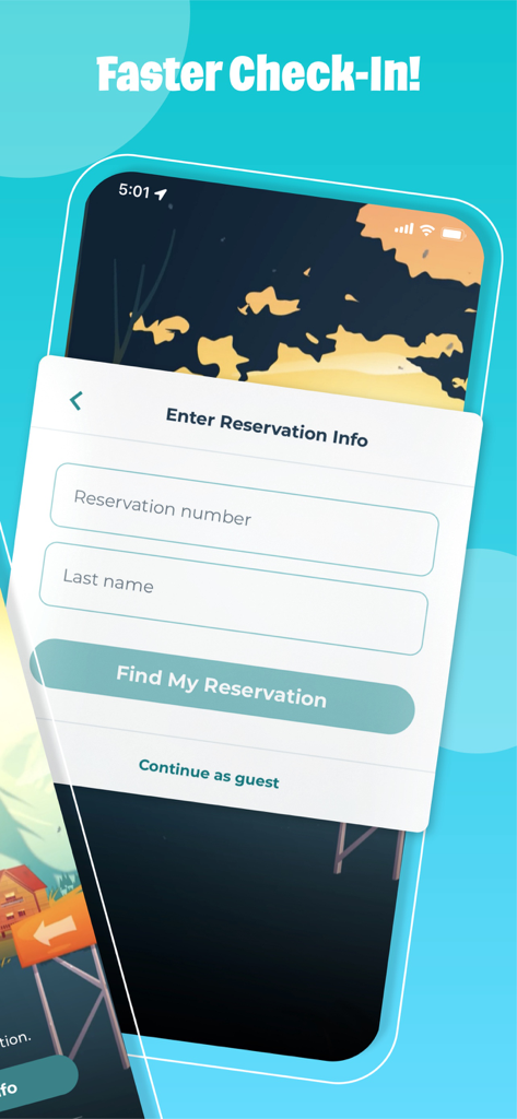 A mobile screen from the Great Wolf Lodge app for faster check-in where users can enter their reservation number and last name.