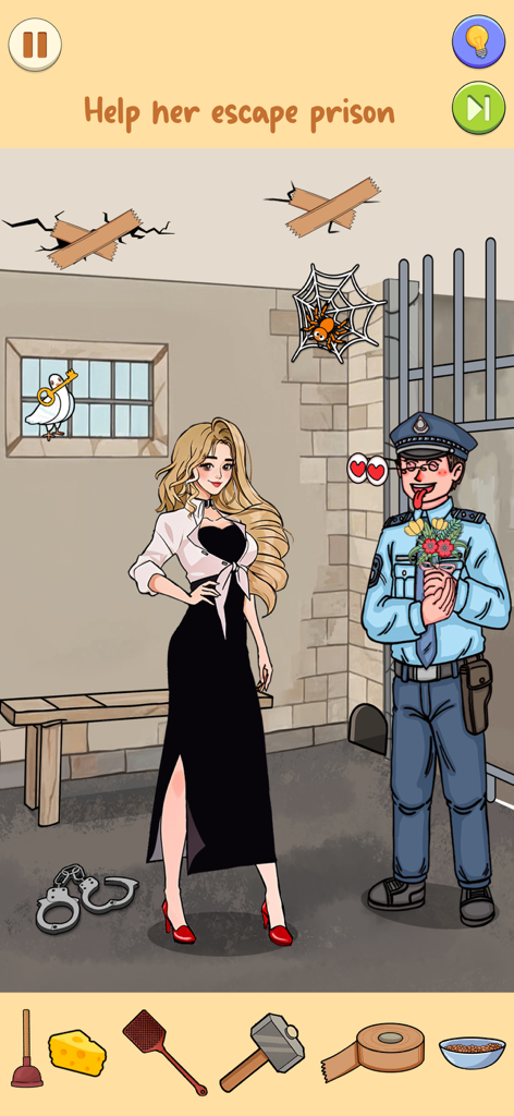 Frustrating Puzzle Game - A mobile puzzle game screen showing a woman in a jail cell trying to escape while a guard is distracted by flowers.