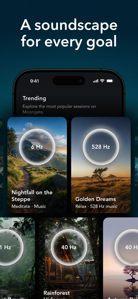 iPhone screen showing Moongate app with different nature soundscapes and binaural frequency options like 528 Hz and 6 Hz.