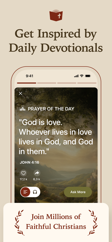 Faith Mentor - AI Bible Chat - Daily prayer screen of the Faith Mentor app featuring John 4 16 with an inspirational background