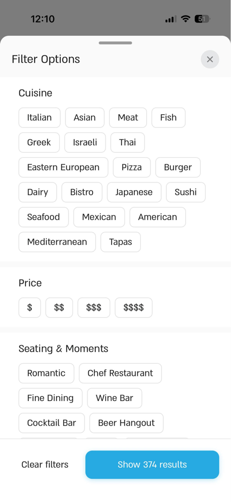 Ontopo app screen showing restaurant filters for cuisine, price range, and dining atmosphere such as romantic or fine dining.