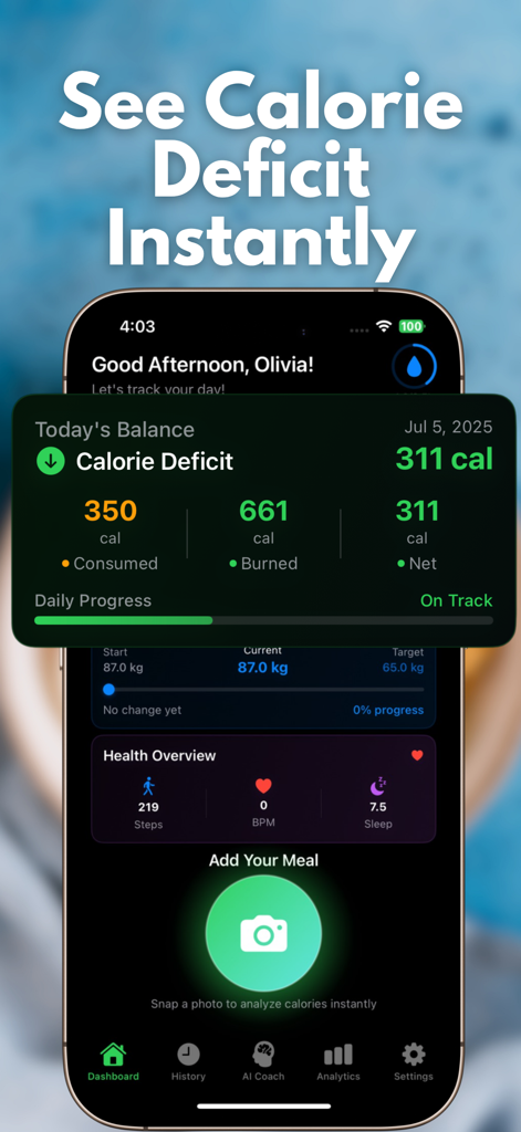 AI Calorie Deficit - SnapCal - Panel de la aplicación SnapCal que muestra el déficit calórico diario y métricas de salud