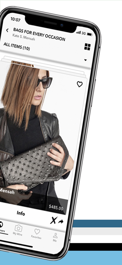 A woman holding a textured luxury clutch bag on the FashWire mobile app shopping interface.