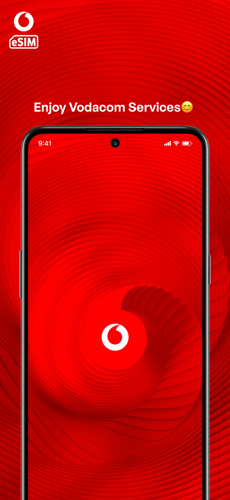 Splash screen of the Vodacom eSIM app featuring the brand logo and a red spiral background