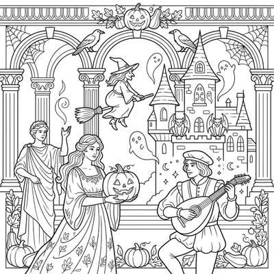 Step into a world where classical art meets spooky fun with this unique Renaissance Halloween coloring page. Immerse yourself in a scene featuring elegant figures, a haunting castle, and playful Halloween elements, perfect for a creative escape.