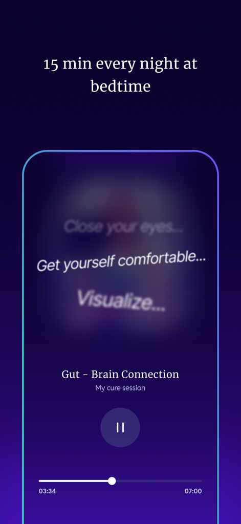 Kure: Healing Hypnosis - Interface of the Kure hypnosis app showing a 15-minute nighttime session for the gut-brain connection.