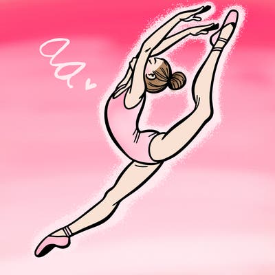gymnast doing a leap in a leotard with a bent back leg
