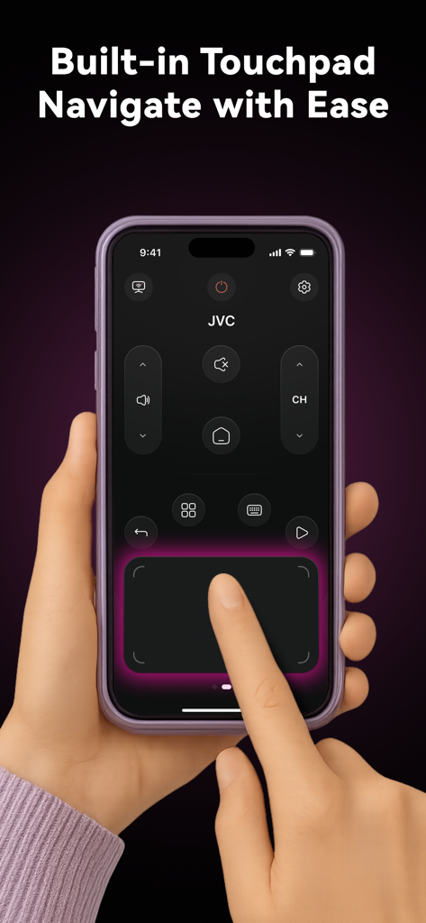 Universal TV Remote: Smart App - Una persona usando la función de panel táctil integrado en la interfaz de la aplicación Control Universal de TV para navegar por un televisor JVC.