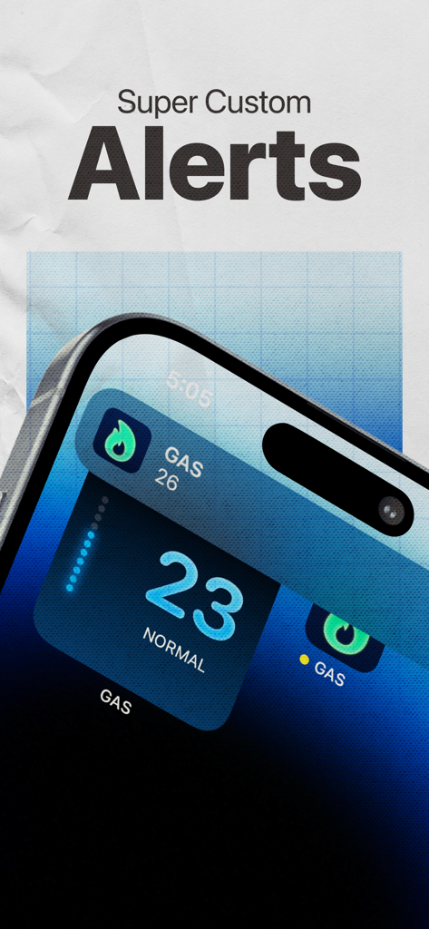 iPhone screen displaying custom gas fee alerts and crypto tracking widgets