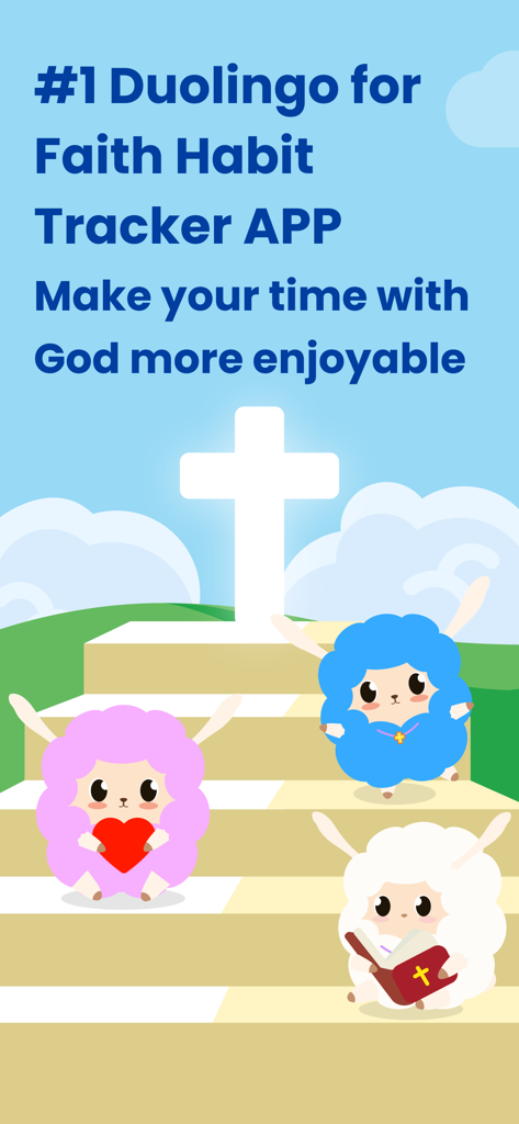 FaithTime: Devotion&Community - FaithTime app promotional screen featuring cute cartoon lambs climbing stairs toward a glowing cross