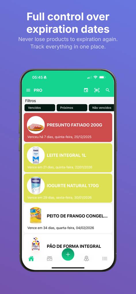 Smart Expiry Tracker - A smartphone displaying the Smart Expiry Tracker app with a list of food items and their expiration statuses.
