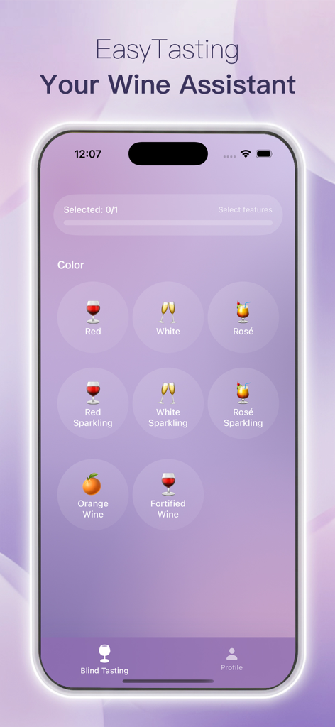 EasyTasting App-Bildschirm, der Weinfarboptionen für eine Blindverkostung anzeigt