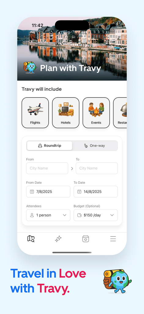 Travy: Plan Trips & Itinerary - 항공편, 호텔, 이벤트 및 예산 설정을 위한 옵션이 있는 여행 계획 양식을 보여주는 Travy 모바일 앱 인터페이스