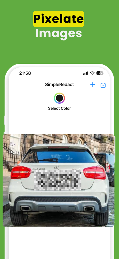 Censor Blur Pixelate Photos - A mobile app interface demonstrating a car license plate being pixelated for privacy and redaction.
