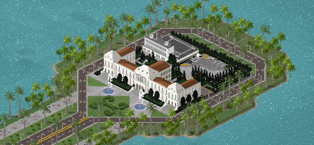 TheoTown - Isometric pixel art view of a grand white building complex on a tropical island