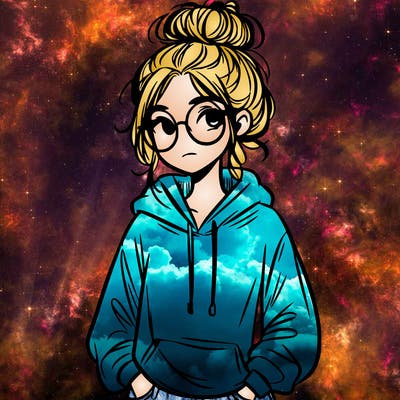 teen girl with a messy bun and glasses wearing a loose hoodie and jeans