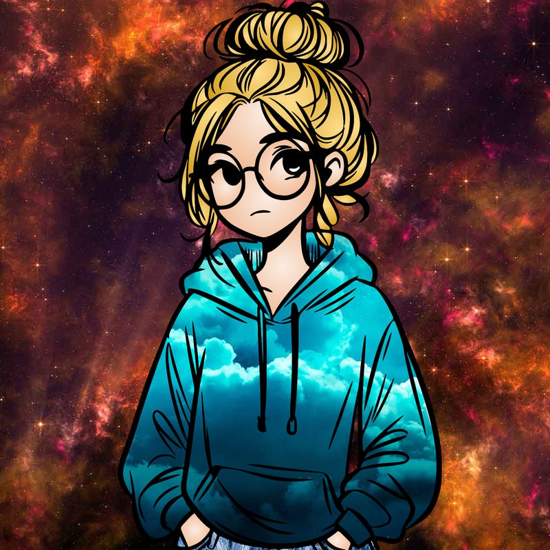 teen girl with a messy bun and glasses wearing a loose hoodie and jeans