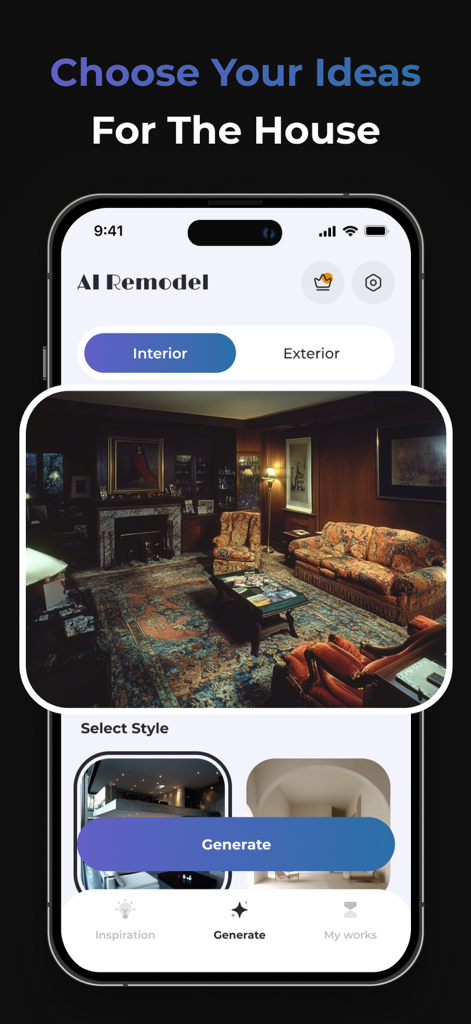 Interfaz de aplicación móvil que muestra remodelación de diseño de interiores con IA para una sala de estar con varios estilos de muebles.