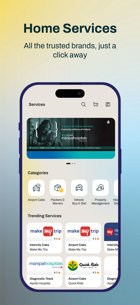 Mygate Premium - 다양한 서비스 카테고리와 Make My Trip과 같은 인기 제공업체를 보여주는 Mygate Premium 앱 홈 서비스 화면