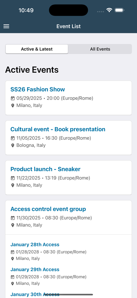 Magnetiq - The active event list in the Magnetiq app showing upcoming fashion shows and product launches
