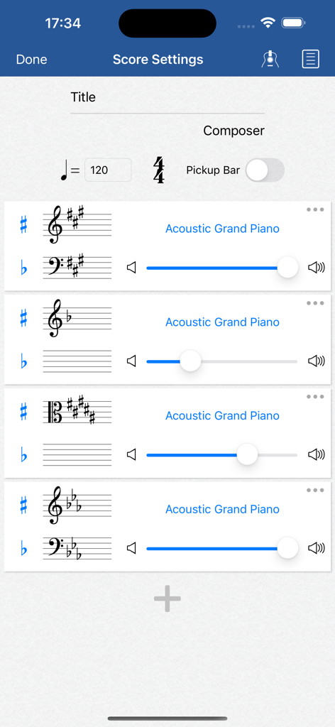 Notation Pad-Sheet Music Score - Score settings screen in Notation Pad app displaying tempo controls and multiple instrument tracks with volume sliders