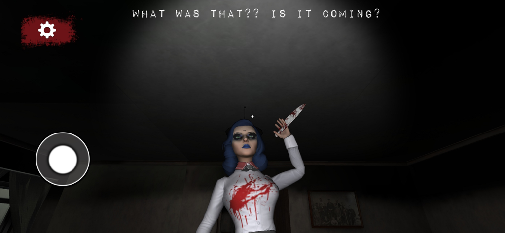 Evil Lady Escape: Horror Game - A scary woman with blue hair holding a bloody knife in a dark room from the Evil Lady Escape horror game.
