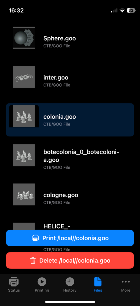Resin Control - Interfaz de la aplicación Resin Control mostrando una lista de archivos de impresión 3D con opciones para imprimir o eliminar un archivo seleccionado