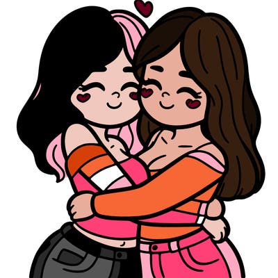 two females (pride month) hugging