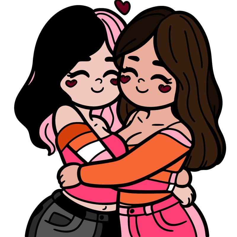two females (pride month) hugging