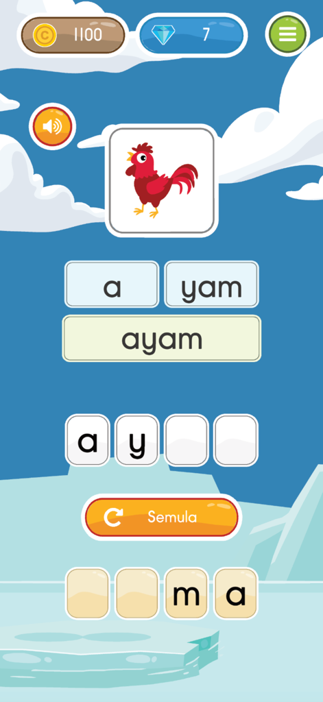 Belajar Mengeja ABC - マレー語の「ayam」という単語のスペルを学ぶための子供向け教育ゲーム画面。ニワトリのイラスト付き