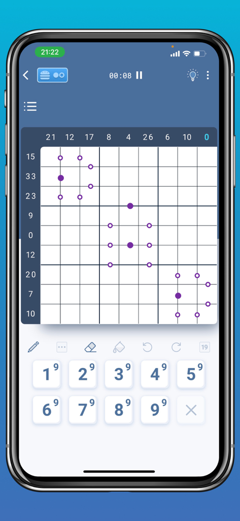 Sudoku & Variants by Logic Wiz - Mobile gameplay of a complex Sudoku variant featuring row and column sum constraints and logic symbols on a blue grid