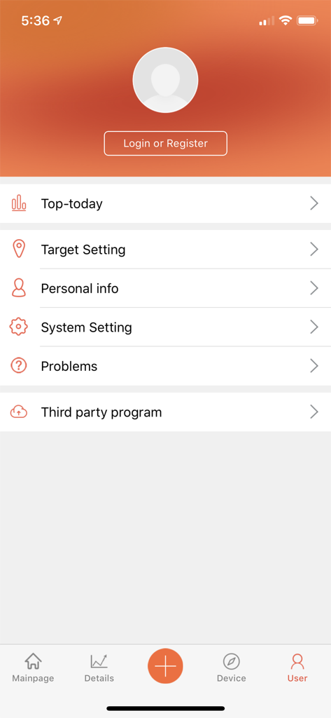 VeryFitPro - Écran de profil utilisateur de l'application VeryFitPro avec bouton de connexion et menu de paramètres