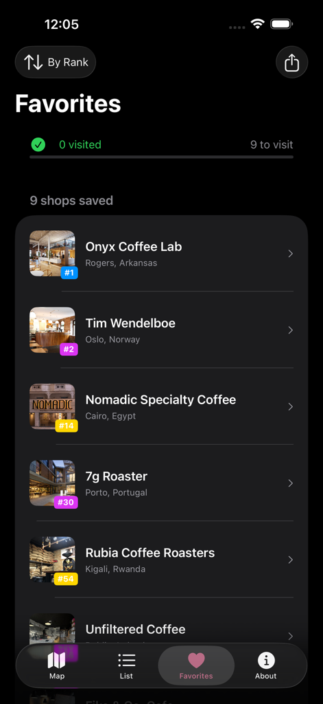 World's 100 Best Coffee Shops - Favorites screen of the coffee shops app displaying a list of saved cafes with their rankings and global locations.