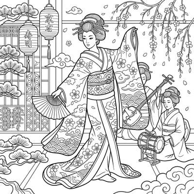 Experience the serene beauty of a traditional Japanese geisha dance with this exquisite coloring page. Featuring elegant performers in intricate kimonos, surrounded by delicate cherry blossoms and traditional elements, it offers a peaceful and artistic escape.