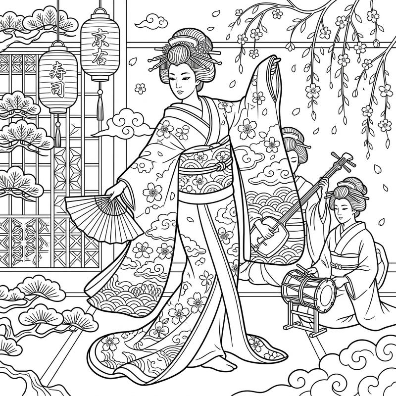 Experience the serene beauty of a traditional Japanese geisha dance with this exquisite coloring page. Featuring elegant performers in intricate kimonos, surrounded by delicate cherry blossoms and traditional elements, it offers a peaceful and artistic escape.